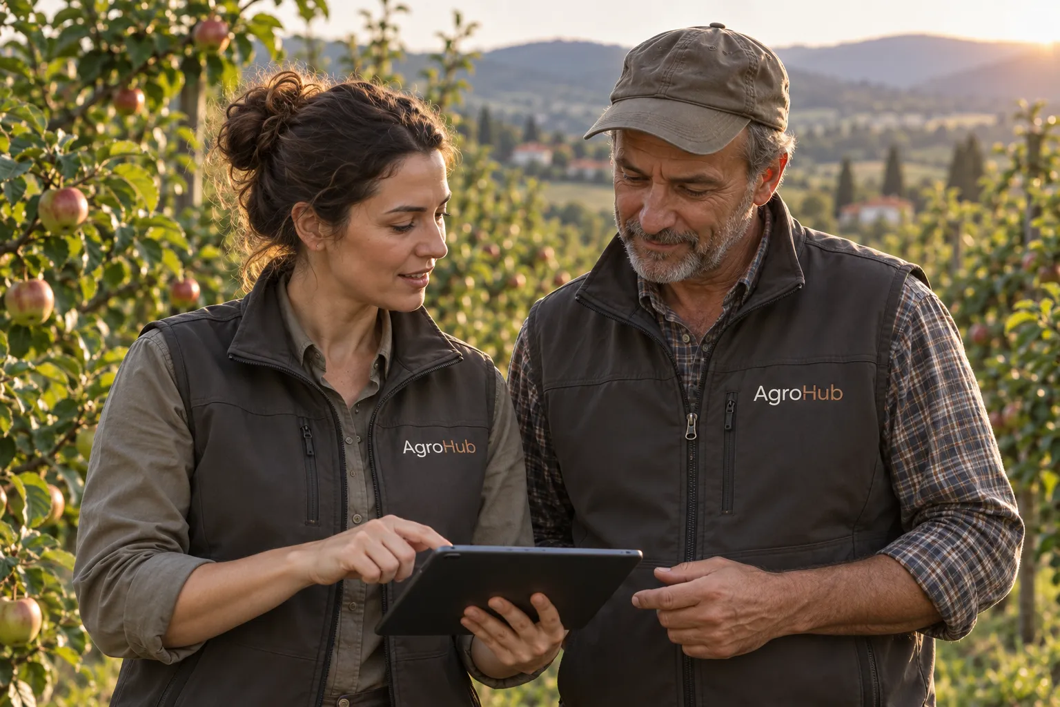 Agronomkinja i proizvođač u prslucima sa AgroHub logotipom pregledaju tablet u voćnjaku