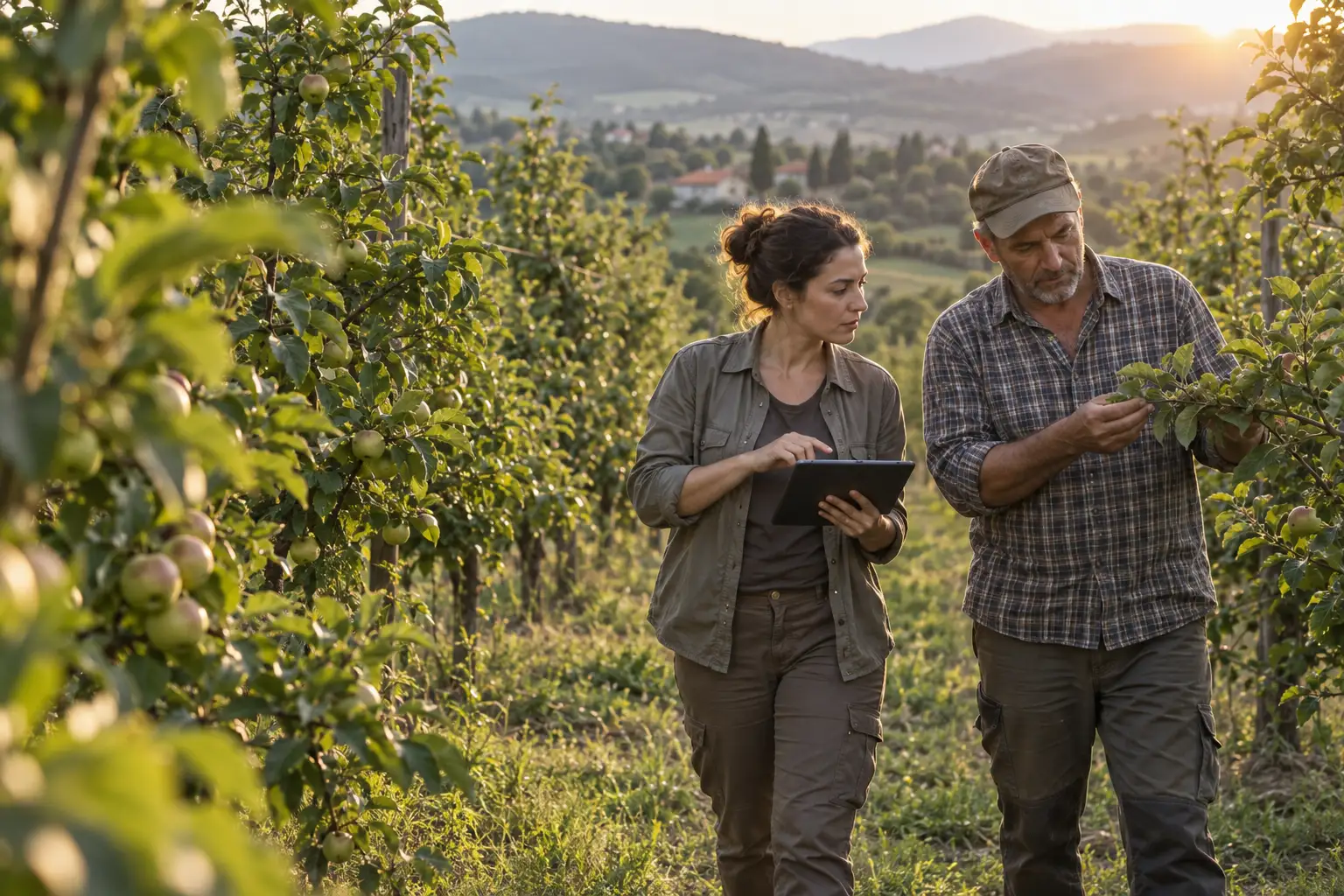 Agronomkinja i proizvođač razgovaraju u voćnjaku