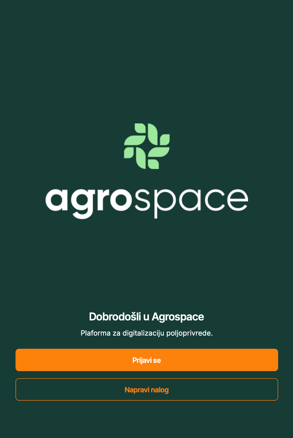 Stvarni početni ekran AgroSpace aplikacije sa opcijama Prijavi se i Napravi nalog.